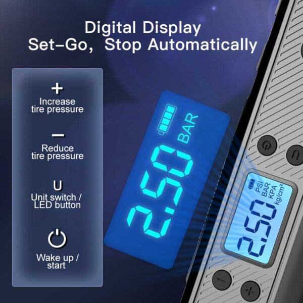 digital screen for rechargeable car tyre tire inflator